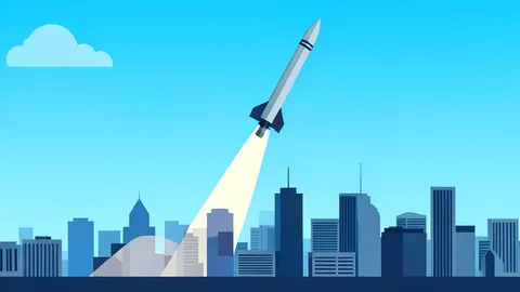A flat vector illustration of a ballistic missile ascending through a clear sky above a modern city skyline.