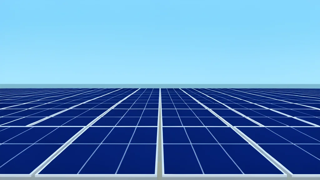 A field of large, dark blue solar panels stretching toward the horizon under a clear sky