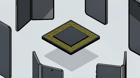 A close-up vector illustration of a silicon wafer featuring a grid of square integrated circuits.