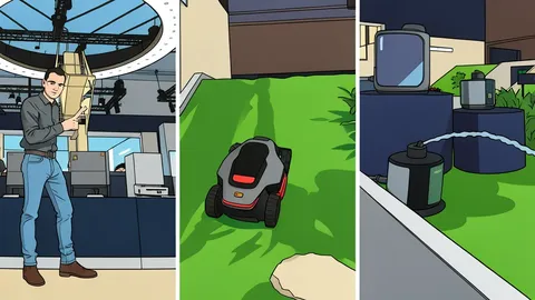 A white robotic vacuum cleaner with a central sensor turret resting on a polished wooden floor next to a potted plant.