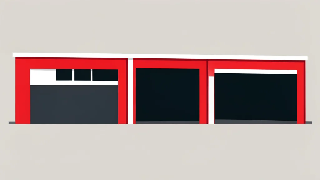 A row of red and white automotive service bays with open garage doors