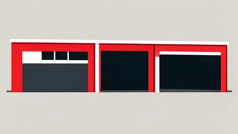 A row of red and white automotive service bays with open garage doors
