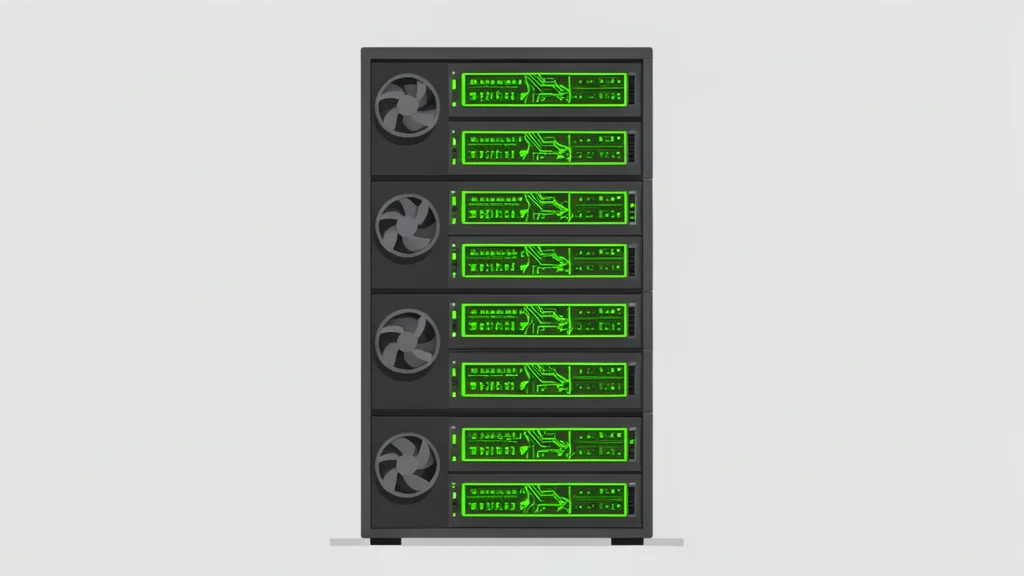 A server rack filled with glowing green circuit boards and cooling fans