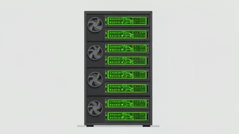 A server rack filled with glowing green circuit boards and cooling fans