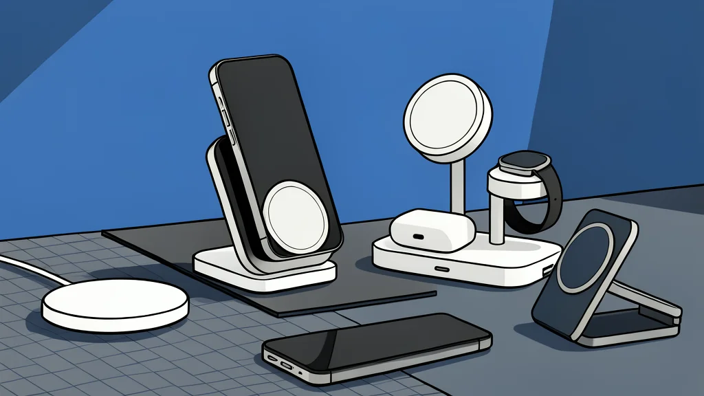 A small white cube power adapter with a cable next to a smartphone case featuring a circular magnetic ring.