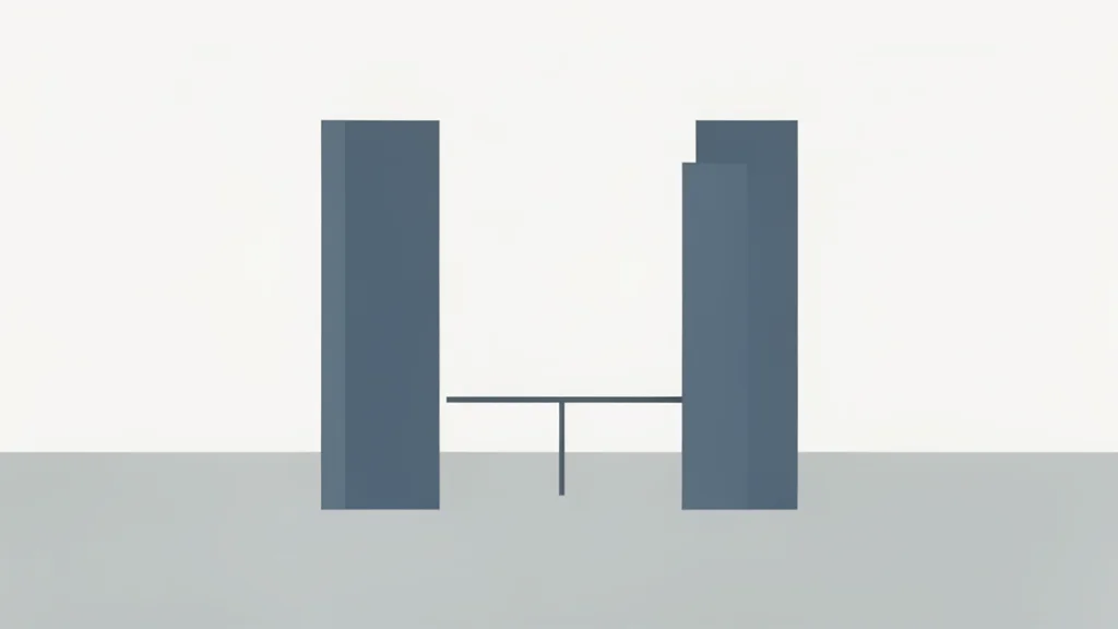 Two distinct geometric structures standing side by side on a neutral horizon, connected by a thin, taut wire