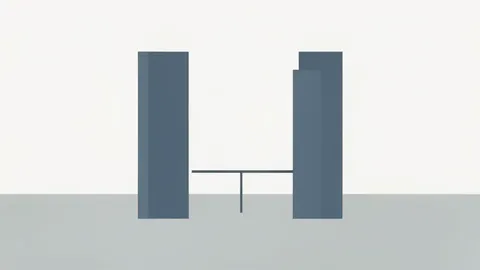 Two distinct geometric structures standing side by side on a neutral horizon, connected by a thin, taut wire