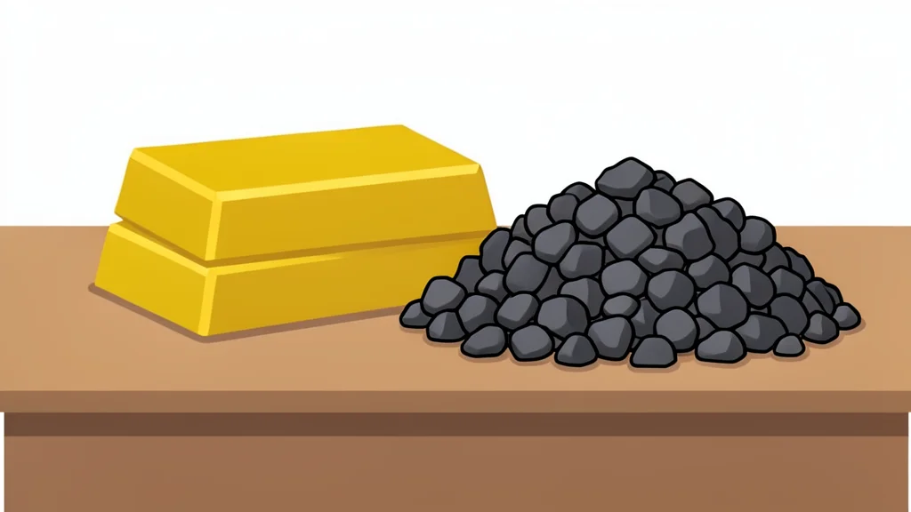 A stack of physical gold bars next to a pile of iron ore pellets on a wooden table.