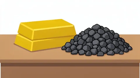A stack of physical gold bars next to a pile of iron ore pellets on a wooden table.