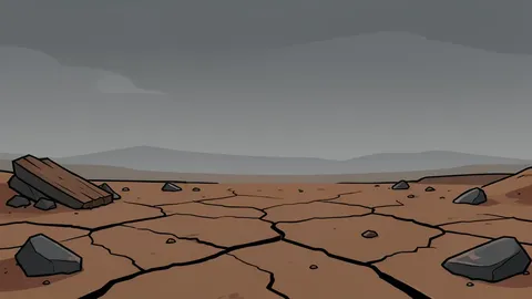 A dry, cracked earth landscape with scattered debris under a heavy, hazy sky