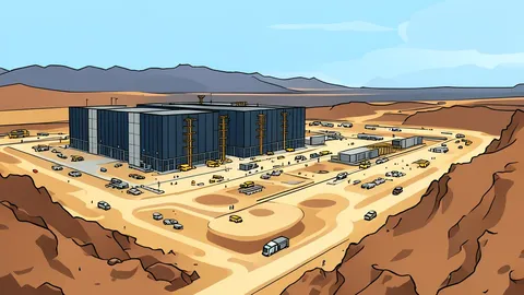 A vast industrial complex of cooling towers and server racks under a desert sky