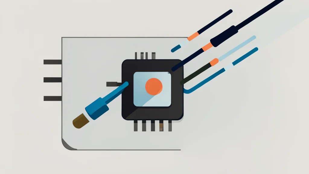 A close-up view of a complex optical fiber array connected to a semiconductor chip