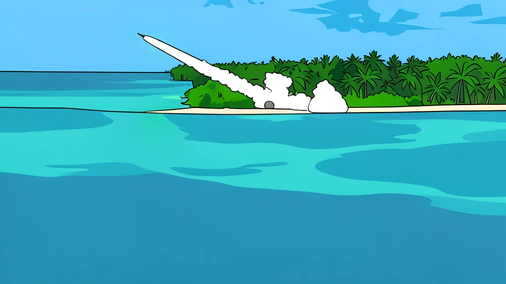 A rocky island coastline featuring a concrete runway and a small harbor facility overlooking a vast blue ocean.