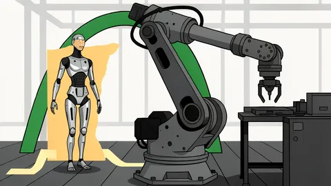 A sleek, bipedal robot standing on a polished concrete floor in a large, empty industrial warehouse with high ceilings and steel beams.