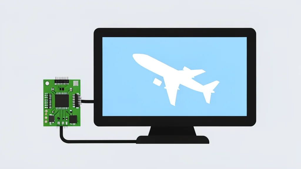 A small electronic circuit board connected to a rectangular touchscreen display showing a simple graphic of an airplane against a blue sky background.