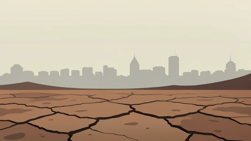 A dusty, cracked earth landscape under a hazy sky with distant silhouettes of a city skyline