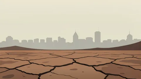 A dusty, cracked earth landscape under a hazy sky with distant silhouettes of a city skyline