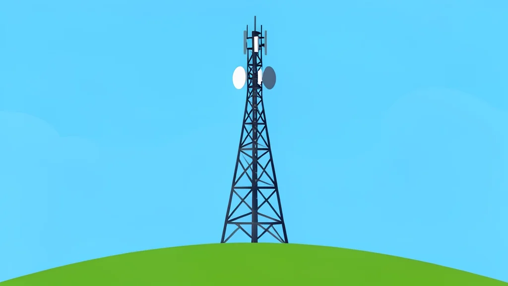A modern telecommunications antenna tower standing on a grassy hill against a clear sky.
