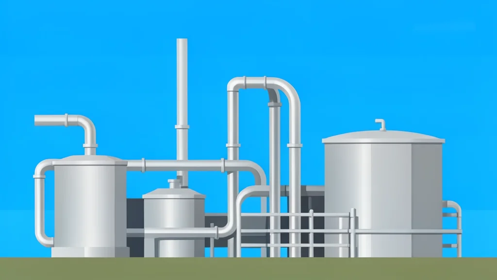 A large industrial gas processing facility with silver pipes and tanks against a clear sky