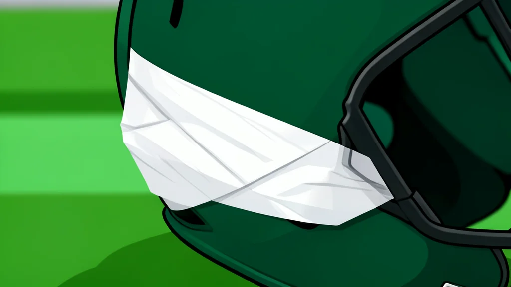 A green football field with white yard lines and a brown leather football resting on the grass