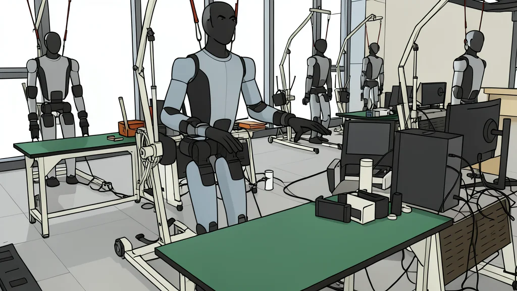 A bipedal robot standing on a factory floor next to a conveyor belt
