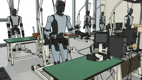 A bipedal robot standing on a factory floor next to a conveyor belt