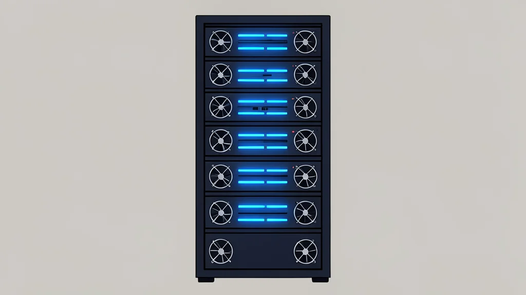A server rack with glowing blue lights and visible cooling fans in a flat vector style.