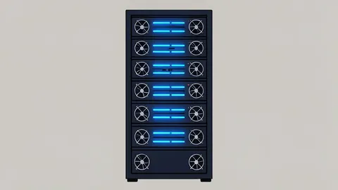 A server rack with glowing blue lights and visible cooling fans in a flat vector style.