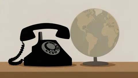 A telephone receiver resting on a desk next to a globe