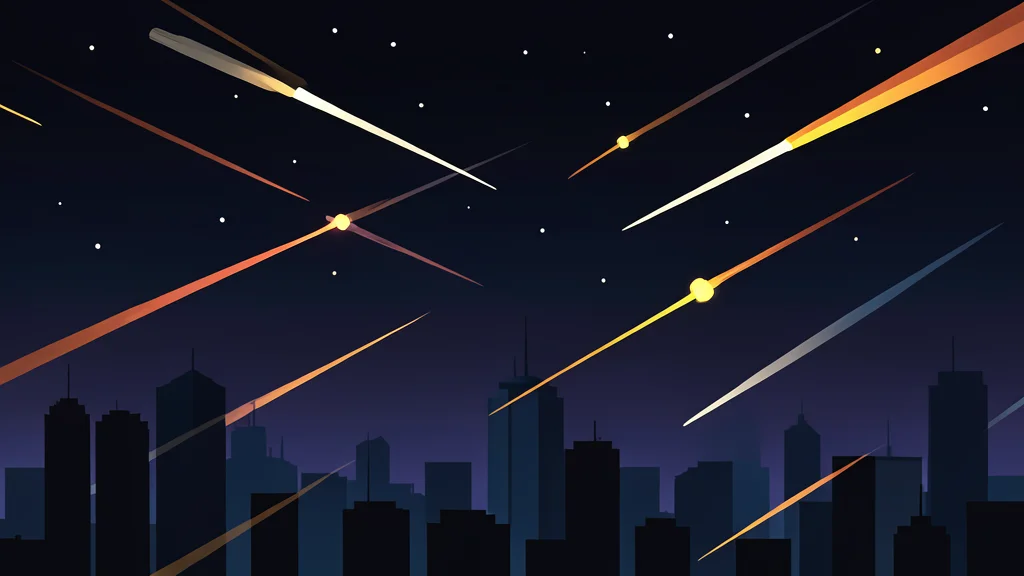 A flat vector illustration of streaks of light moving rapidly across a dark night sky above a stylized city skyline.