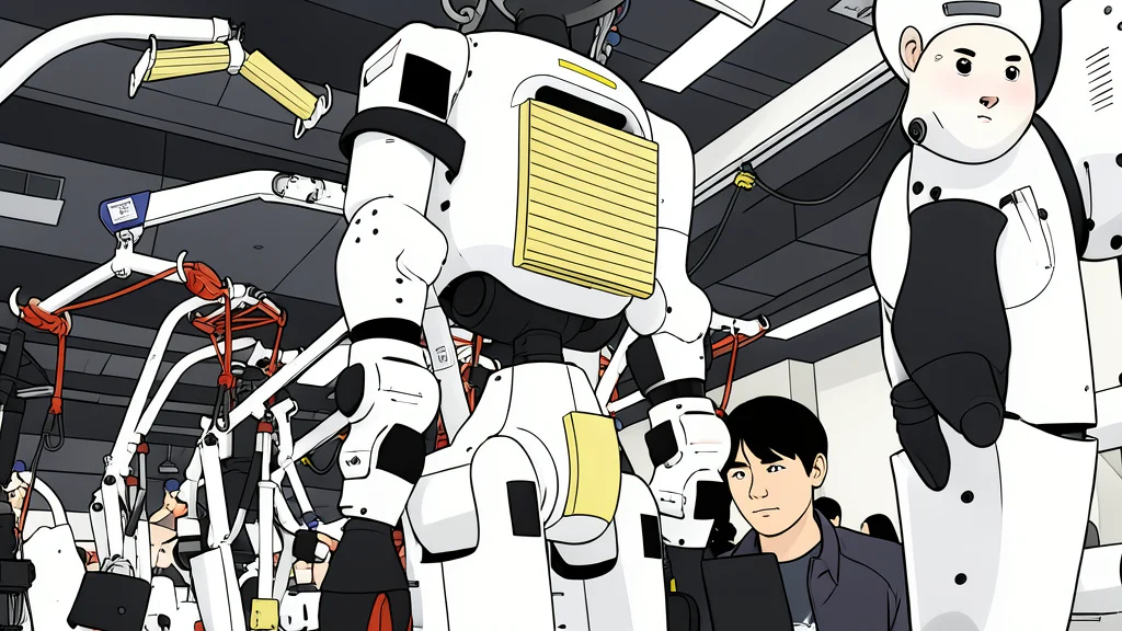 A sleek, silver humanoid robot standing in a modern industrial factory aisle