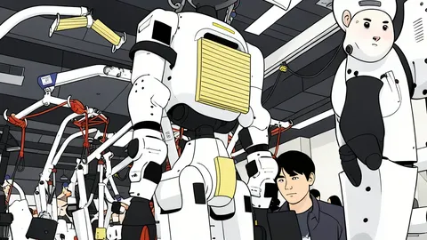 A sleek, silver humanoid robot standing in a modern industrial factory aisle