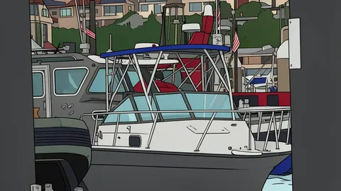 A small wooden fishing boat floating in calm harbor water near a pier