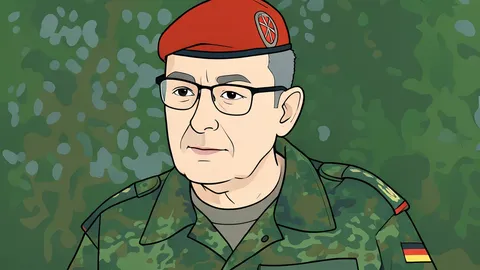 A modern military general's uniform with epaulettes and medals, standing in front of a large, abstract geometric structure representing an alliance headquarters.