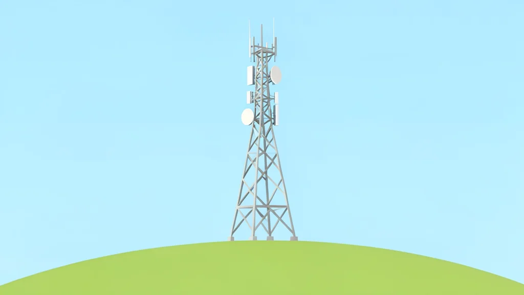 A telecommunications antenna tower standing on a grassy hill against a clear sky