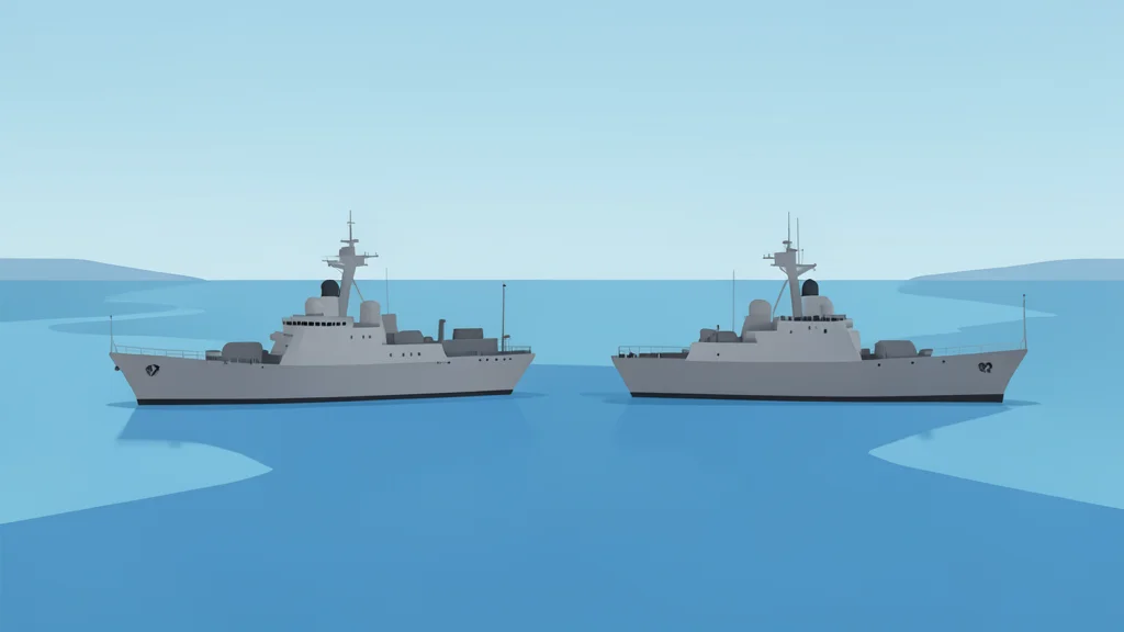 Two grey naval warships anchored in a calm blue harbor bay
