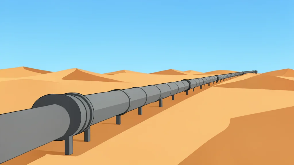A steel pipeline stretching across a desert landscape