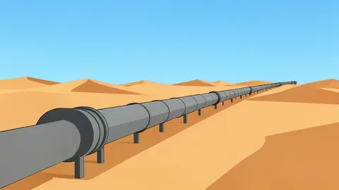 A steel pipeline stretching across a desert landscape