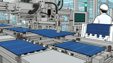 A large industrial factory building with solar panels on the roof