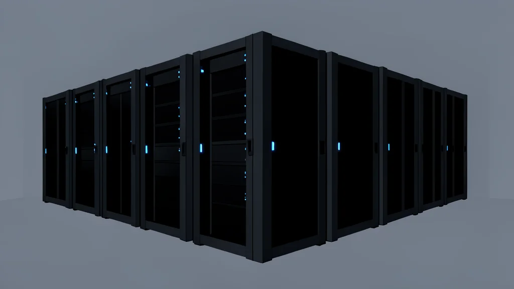 A modern server room with rows of black computer racks and glowing blue status lights
