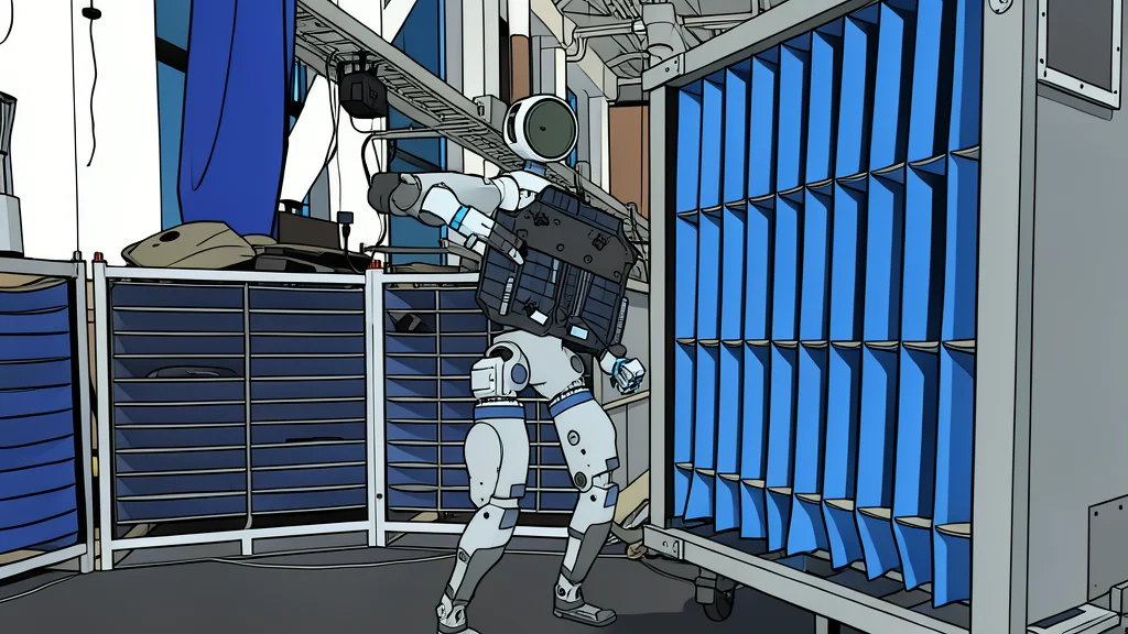A sleek, bipedal humanoid robot standing on a polished factory floor next to a row of industrial assembly arms.