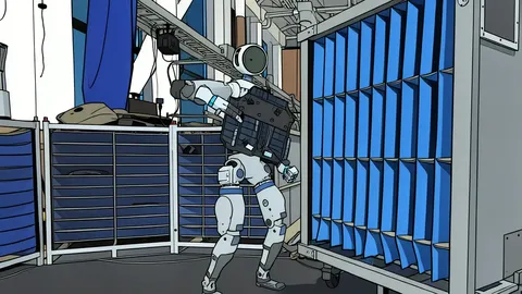 A sleek, bipedal humanoid robot standing on a polished factory floor next to a row of industrial assembly arms.