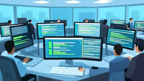 A stylized vector illustration of a trading floor with multiple monitors displaying abstract data streams.