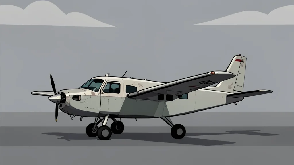 A small, weathered airplane parked on a tarmac under a grey sky
