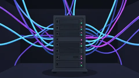 A complex web of glowing fiber optic cables connecting to a central server rack in a dark room