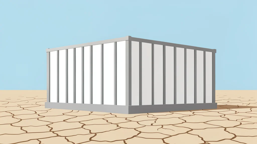 A large industrial battery storage unit standing in a dry, open field under a clear sky