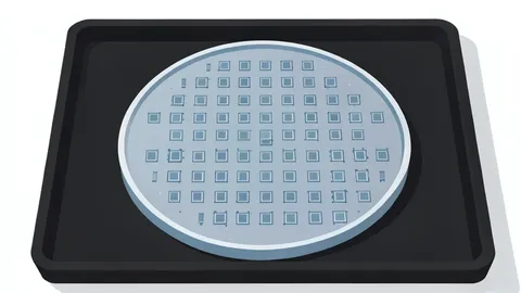 A flat-vector illustration of a silicon wafer grid representing semiconductor technology.