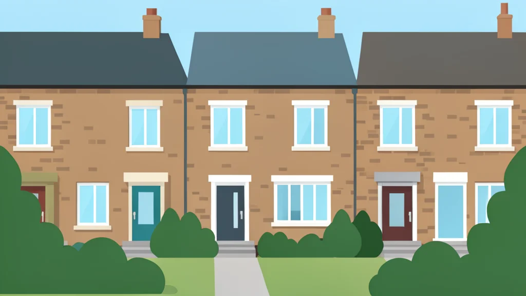 A flat vector illustration of a row of terraced houses with front gardens.