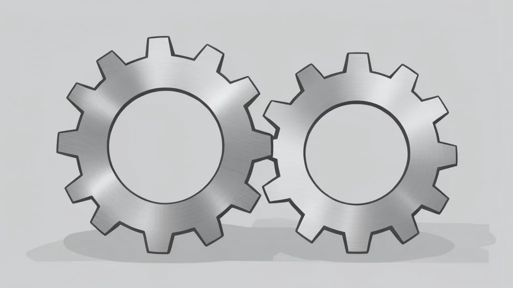 Two large, interlocking gears made of brushed metal, one slightly larger than the other, positioned side-by-side on a neutral surface