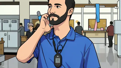 A sleek, ergonomic wearable device worn on the chest of a retail worker, featuring a small front-facing display and a prominent button.